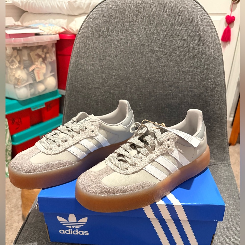 adidas women’s  Gray and White SAMBAE Sneakers with Tan Sole